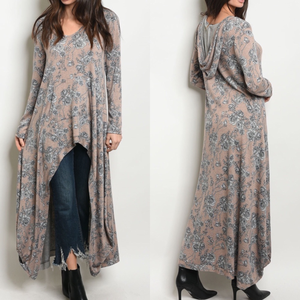 Blush Gray Floral High-Low Maxi Tunic Lounge Top - Picture 3 of 8